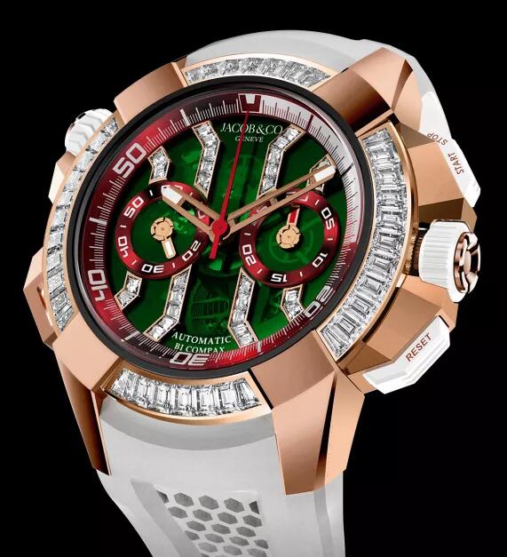 Jacob & Co EC423.42.BD.BB.ABRUA EPIC X CHRONO BAGUETTE ROSE GOLD GREEN MINERAL CRYSTAL DIAMOND-SET DIAL replica watch